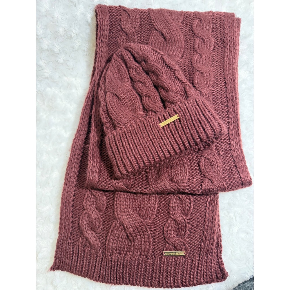 Michael Michael Kors Burgundy Cable Knit Beanie and Gold Logo Bar Scarf Set